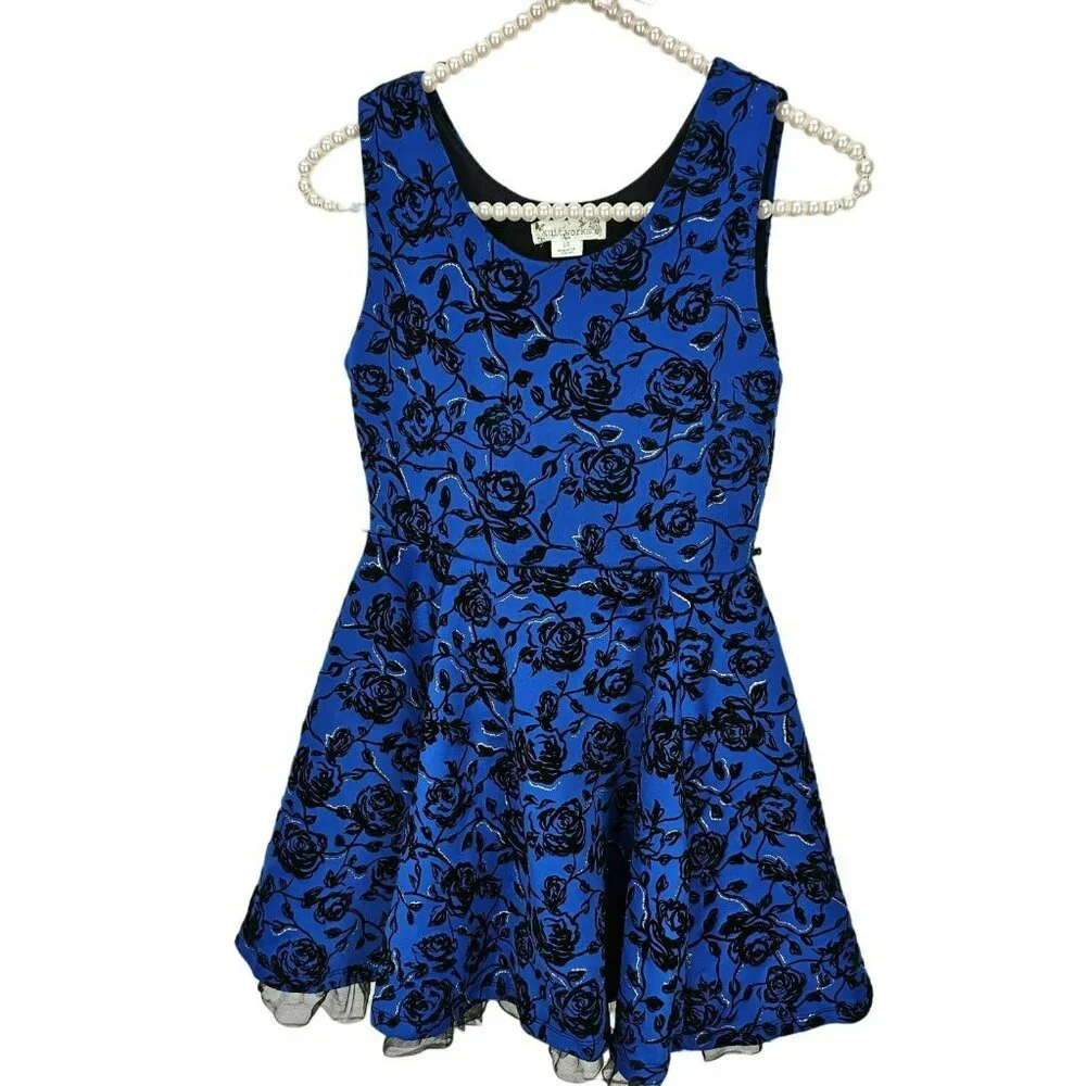 Knitworks Girls Blue Black Floral Sleeveless Dress Size 12‎